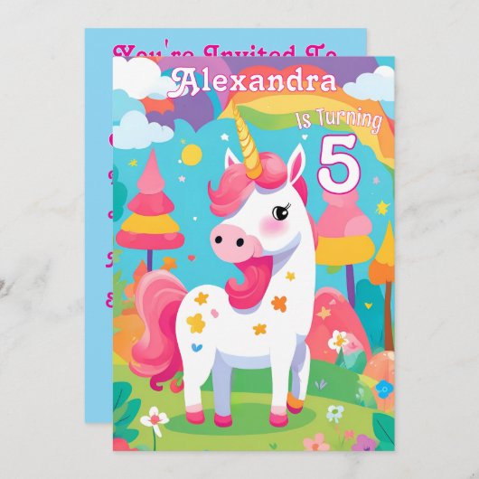 Helderroze Schattigee Eenhoorn Verjaardagsuitnodig Kaart (Voorkant / Achterkant)