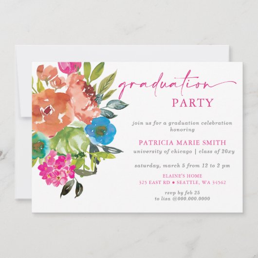 Helderroze Sinaasappel Bloemen Graduation Party Kaart (Voorkant)