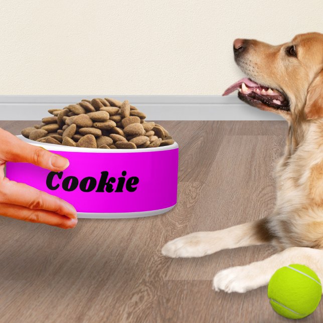 Helderroze Stijlvolle Moderne Gepersonaliseerde Ho Voerbakje (A bright pink dog bowl, personalized with the pet's name in modern black typography)