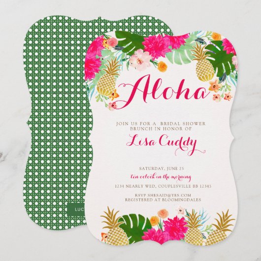 Helderroze Tropische Bruids Douche Uitnodiging (Voorkant / Achterkant)