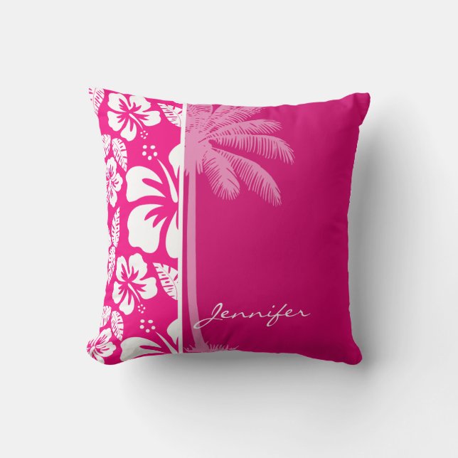 Helderroze tropische hibiscus kussen (Voorkant)