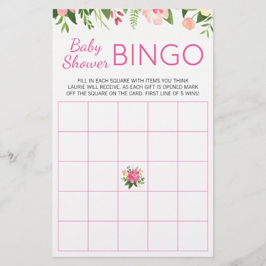 Helderroze vlakke Baby shower Bingo Game (Voorkant)