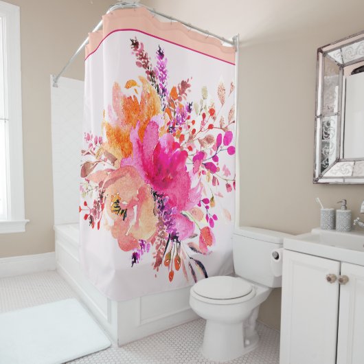 Helderroze waterverf florale suspensie douchegordijn (In situ)