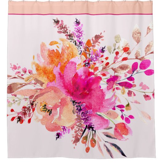 Helderroze waterverf florale suspensie douchegordijn (Voorkant)