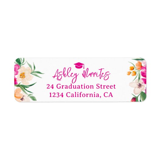 Helderroze wilde bloemen script afstuderen etiket (Voorkant)