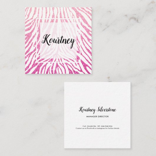 Helderroze witte Lijst met glitter Zebra Pattern Vierkante Visitekaartje (Voorkant / Achterkant)