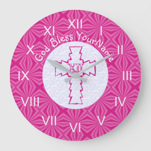 Helderroze Zig Zag Cross op Hot Pink en White Grote Klok