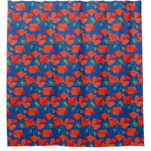 Heldersnelle papavers op blauw Floral Pattern Douchegordijn (Voorkant)