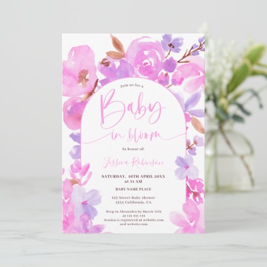 Heldervet roze paars bloemig baby shower kaart (Staand voorkant)