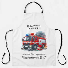 Heldhaftige brandweerman pakt brand in stad aan schort