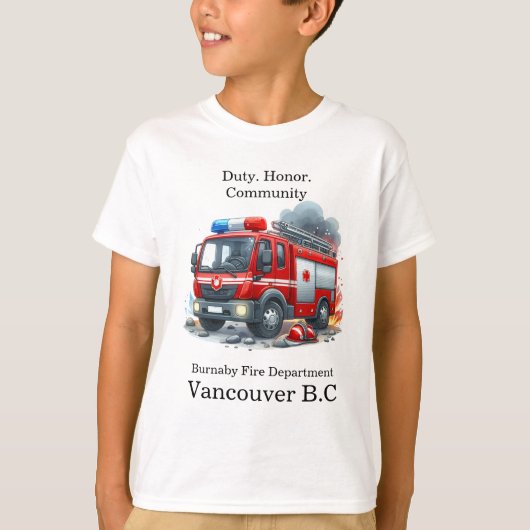 Heldhaftige brandweerman pakt brand in stad aan t-shirt (Voorkant)