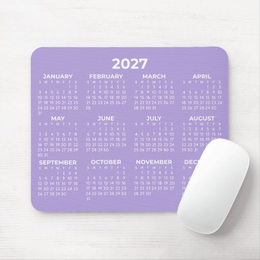 Hele Jaar 2027 Basis Kalender Lavendel Wit Muismat (Met muis)