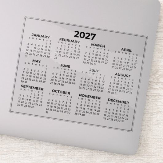 Hele Jaar 2027 Horizontale Kalender Zwart En Wit Sticker (Detail)