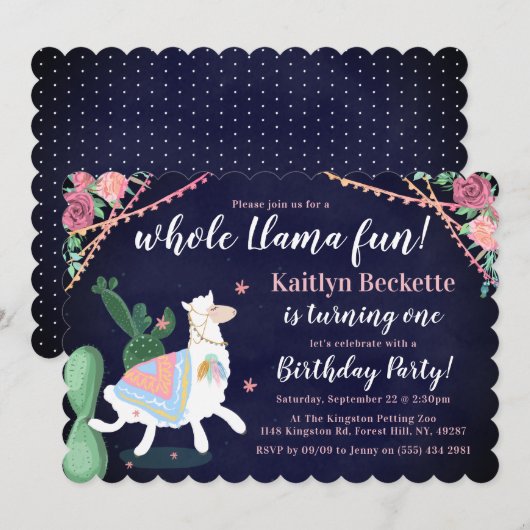 Hele Llama Fun. 1e uitnodiging van de partij van B (Voorkant / Achterkant)