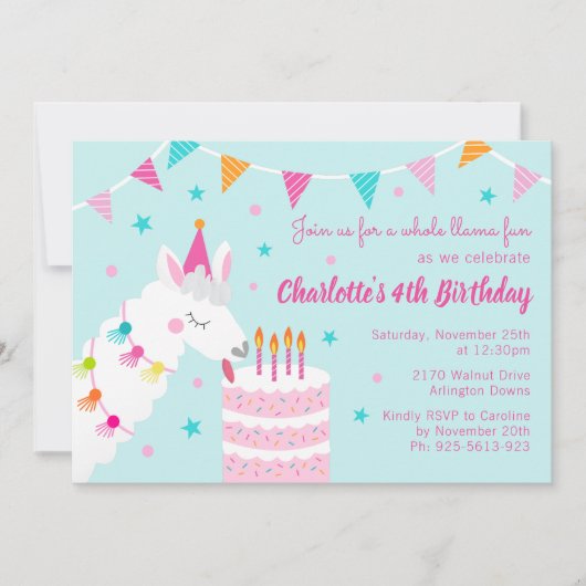 Hele Llama Fun Cake 4th Birthday Aqua Kaart (Voorkant)