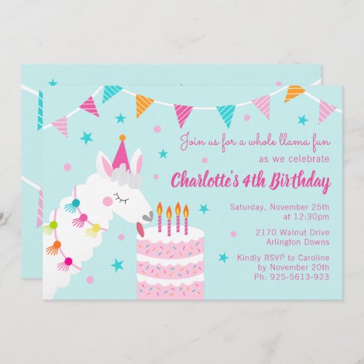 Hele Llama Fun Cake 4th Birthday Aqua Kaart (Voorkant / Achterkant)