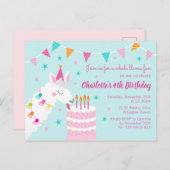 Hele Llama Fun Cake 4th Birthday Aqua Uitnodiging Briefkaart (Voorkant / Achterkant)