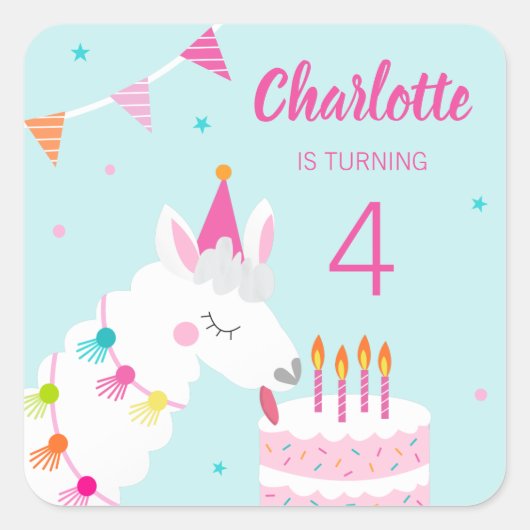 Hele Llama Fun Cake 4th Birthday Aqua Vierkante Sticker (Voorkant)