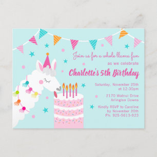 Hele Llama Fun Cake 5th Birthday Aqua Uitnodiging Briefkaart
