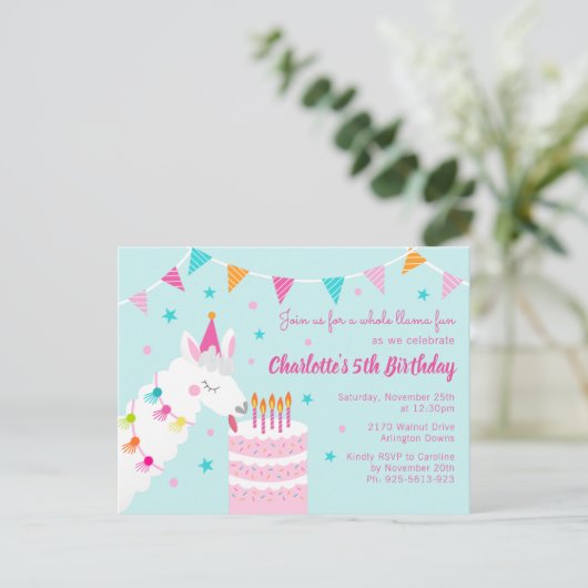 Hele Llama Fun Cake 5th Birthday Aqua Uitnodiging Briefkaart (Staand voorkant)