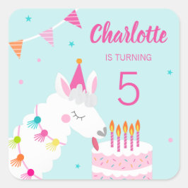 Hele Llama Fun Cake 5th Birthday Aqua Vierkante Sticker