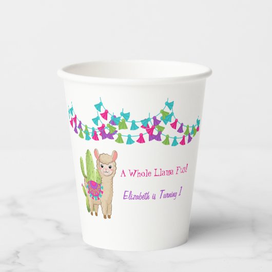 Hele Llama Fun Pink Paarse Cactus Kind Birthday Papieren Bekers (Voorkant)
