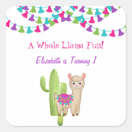 Hele Llama Fun Pink Paarse Cactus Kind Birthday Vierkante Sticker
