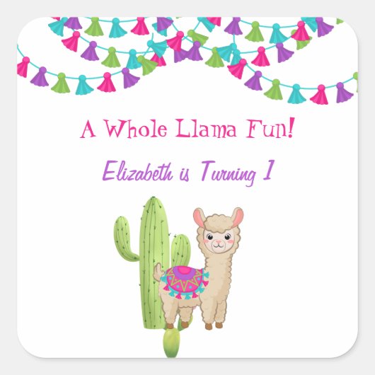 Hele Llama Fun Pink Paarse Cactus Kind Birthday Vierkante Sticker (Voorkant)