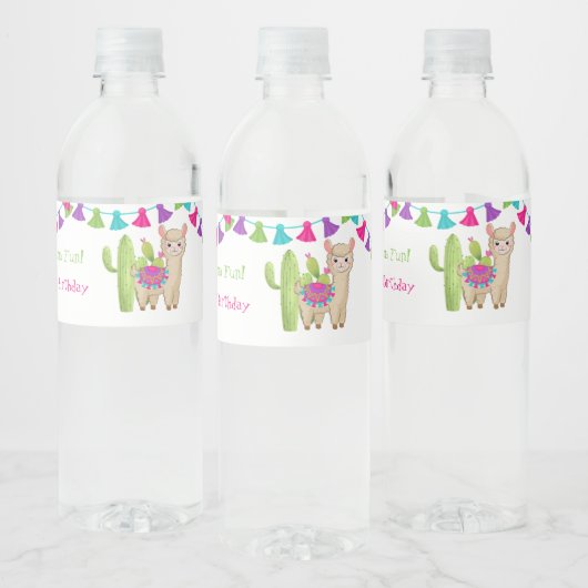 Hele Llama Fun Pink Paarse Cactus Kind Birthday Waterfles Etiket (Flessen)