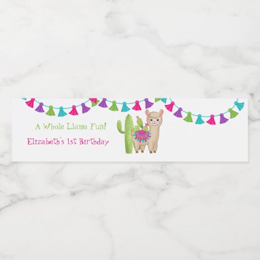 Hele Llama Fun Pink Paarse Cactus Kind Birthday Waterfles Etiket (Enkel label)