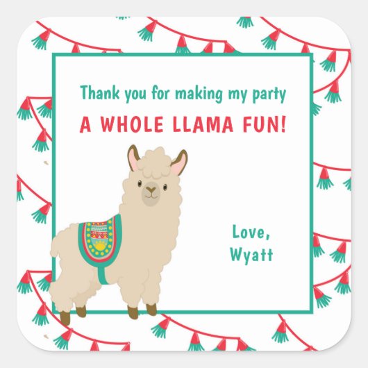 Hele Llama Fun Verjaardagsfeest dank u gunst Vierkante Sticker (Voorkant)