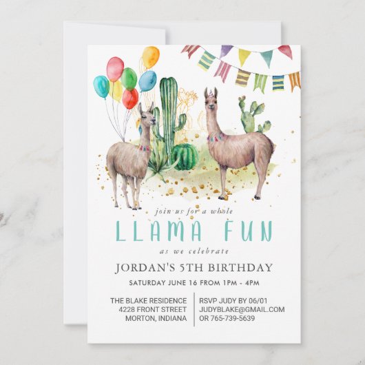 Hele Llama Fun Verjaardagsfeest Uitnodiging (Voorkant)