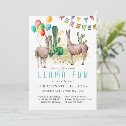 Hele Llama Fun Verjaardagsfeest Uitnodiging (Staand voorkant)