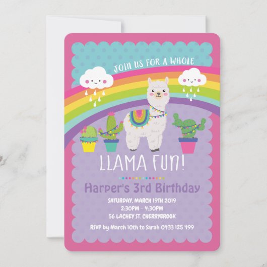 Hele Llama Fun Verjaardagsfeest Uitnodigingen Alpa (Voorkant)