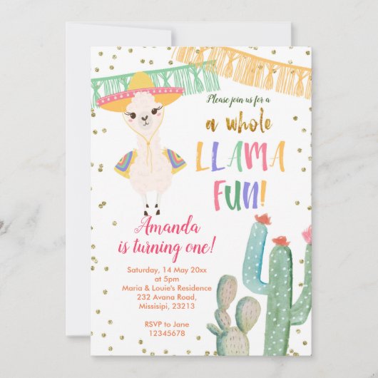 Hele Llama Leuke Cactus Verjaardag Uitnodiging (Voorkant)