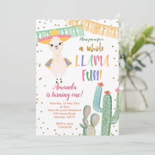 Hele Llama Leuke Cactus Verjaardag Uitnodiging (Staand voorkant)