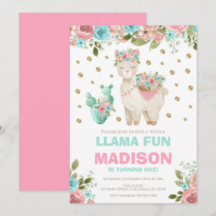 Hele Llama Pret Roze Mint Bloem Meisje 1e Verjaard Kaart