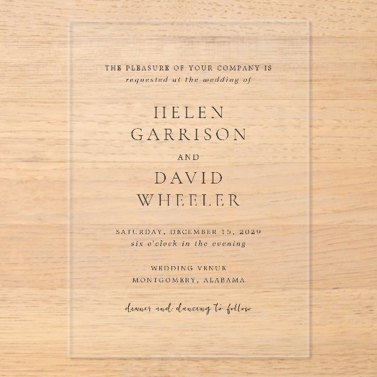 Helen Classic Elegant Wedding Acryl Uitnodigingen (Voorkant)