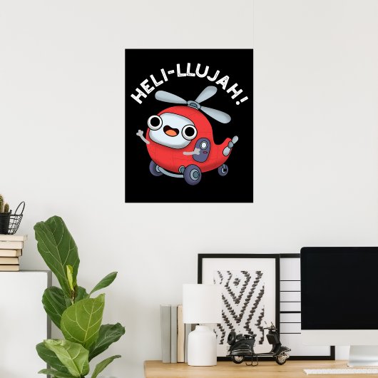 Heli-llujah Funny Helicopter Pun Dark BG Poster (Thuiskantoor)