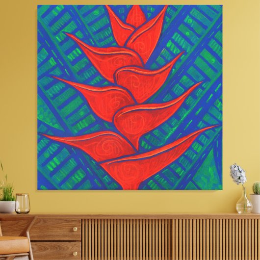 Heliconia Flower, Abstract Floral Art Painting Red Canvas Afdruk (Insitu (Woonkamer))