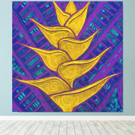Heliconia Flower, Abstract Floral Painting Yellow Canvas Afdruk (Insitu (Houten vloer))