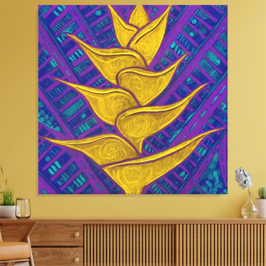 Heliconia Flower, Abstract Floral Painting Yellow Canvas Afdruk (Insitu (Woonkamer))