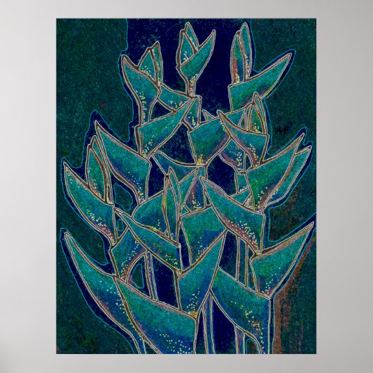 Heliconia Rostrata Tropical Flower Floral Art Blau Poster (Voorkant)