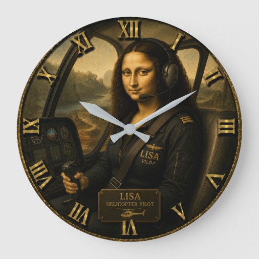 Helicopter Pilot Funny Mona Lisa Aviation Gift Grote Klok (Voorkant)
