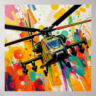 Helicóptero militar entre explosión de colores poster