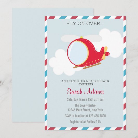 Helikopter Baby shower Uitnodiging blauw rood (Voorkant / Achterkant)