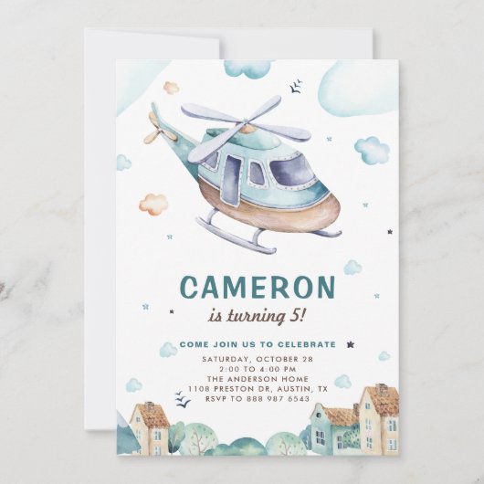 Helikopter met  blauwe Waterverf Kinderen van zate Kaart (Voorkant)