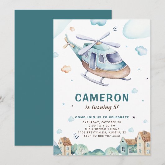 Helikopter met  blauwe Waterverf Kinderen van zate Kaart (Voorkant / Achterkant)