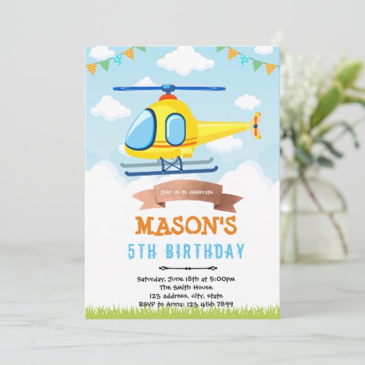 Helikopter verjaardagsfeestje uitnodiging (Staand voorkant)