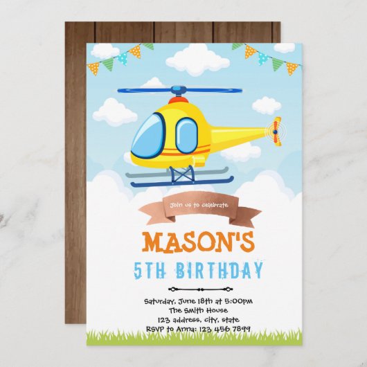 Helikopter verjaardagsfeestje uitnodiging (Voorkant / Achterkant)